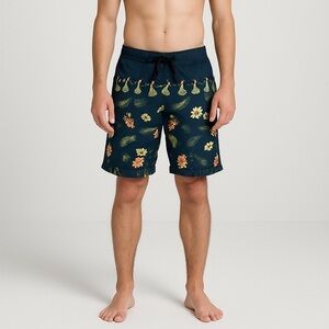 Solitude Men’s Blue Hawaiian Board Shorts Size 30 Tropical Floral Polynesian